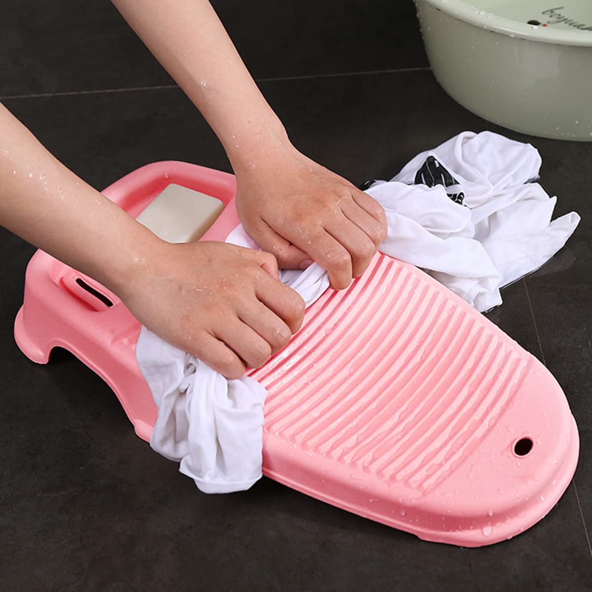 HASTHIP Washboard for Washing Clothes Anti-Slip Hand Wash Board with Soap Holder Clothes scrubbing tub Pad Hangable Laundry Board for Underwear Kid Clothes 44 * 21cm (Pink)