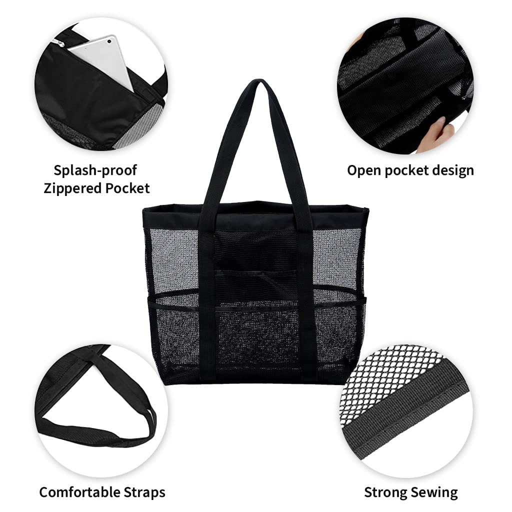 PALAY Large Capacity Beach Bag Multi Pocket Polyester Mesh Bag Tote for Travel, Fitness Bag, Swimming Storage Bag for Clothes Fashion Transparent Mesh Bag for Women, Black
