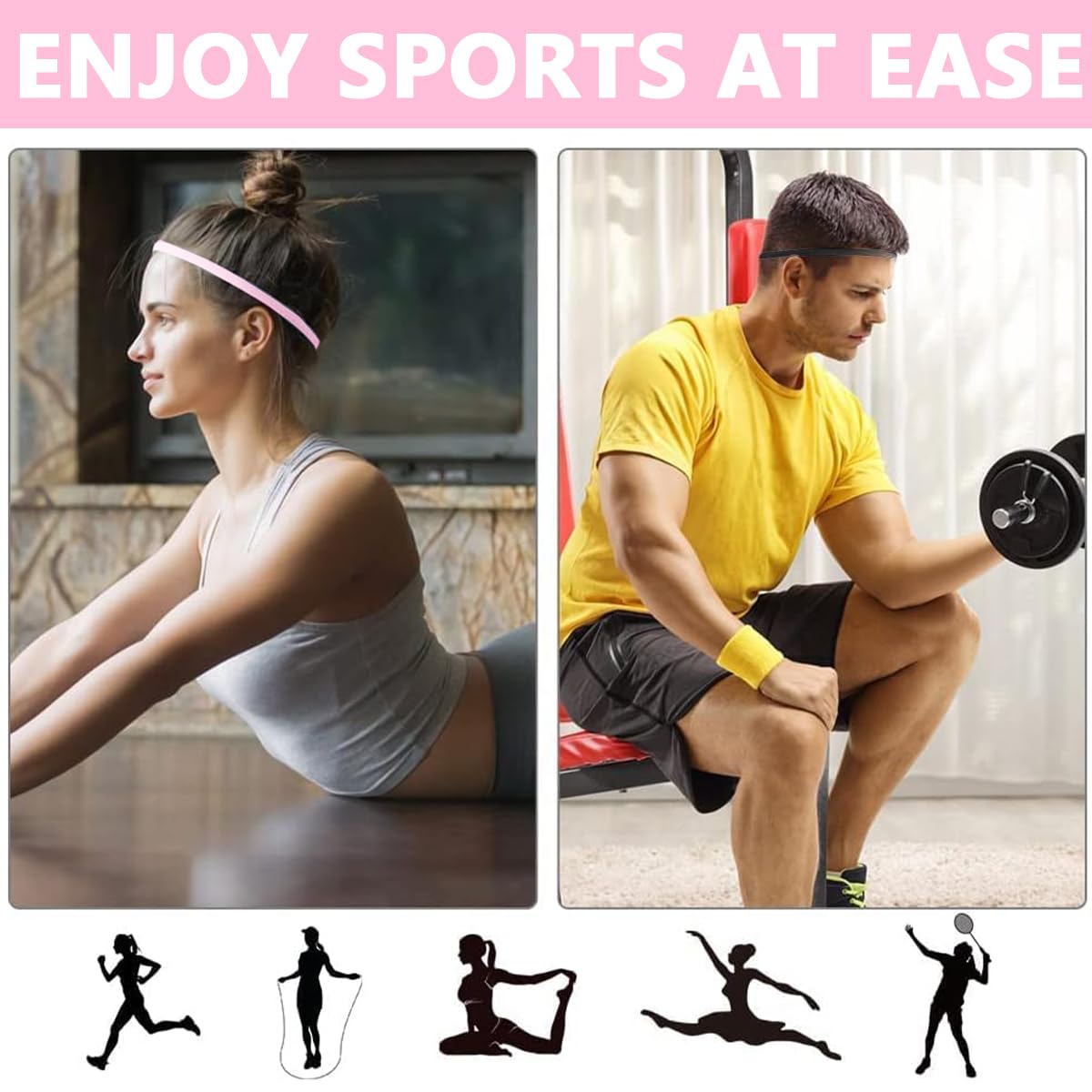 MAYCREATE 4Pcs Elastic Sports Headband for Men Women Stretchy Non-Slip Athletic Headbands Thin Workout Hair Bands