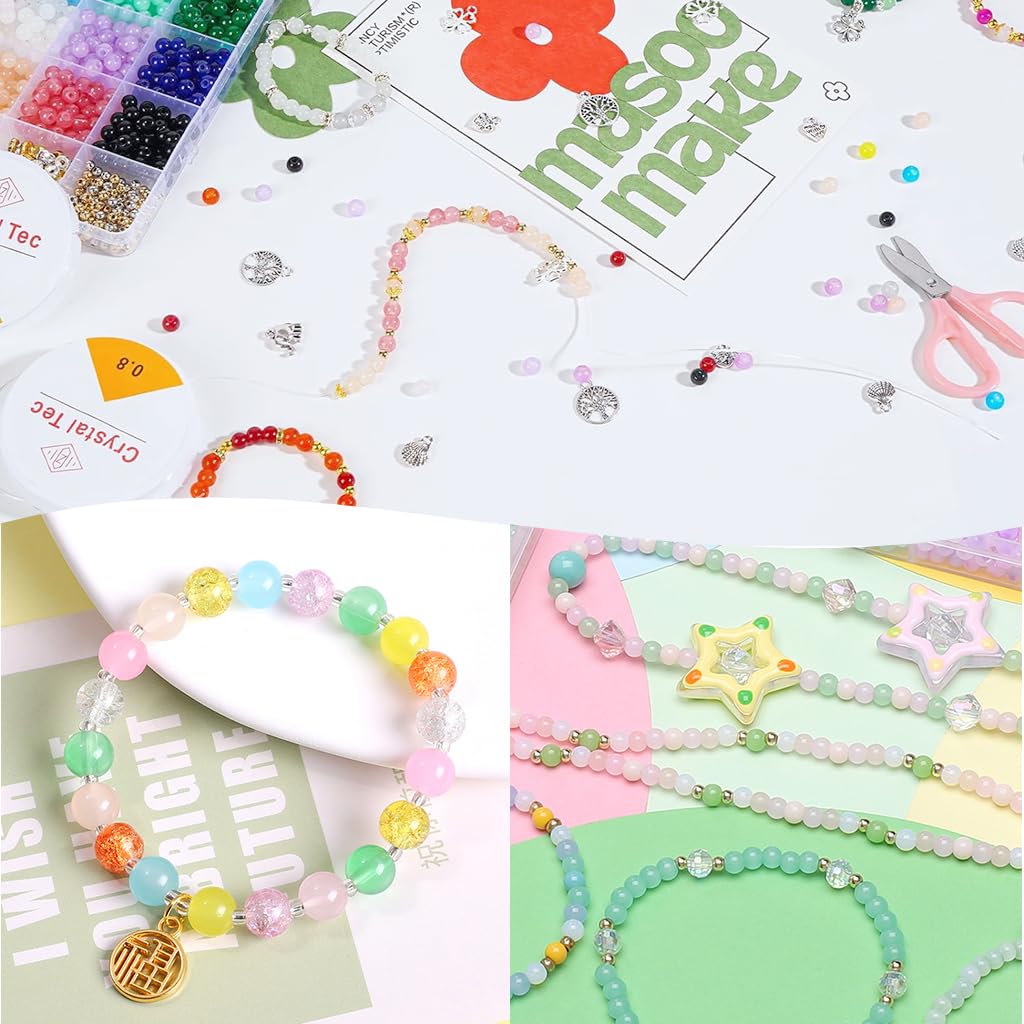 SANNIDHI 6mm Glass Beads for Bracelets 1258pcs, 20 Colors Crystal Beads for Jewelry Making Round Beads Bracelet Making Kit DIY Crafts with Spacer Beads & Charms