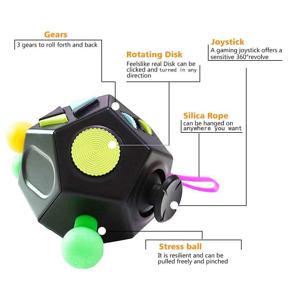 PATPAT 12 Sided Fidget Cube, Dodecagon Fidget Toys for Children and Adults Fidget Toy Stress and Anxiety Relief Depression Anti for All Ages with ADHD ADD OCD Autism (Black)