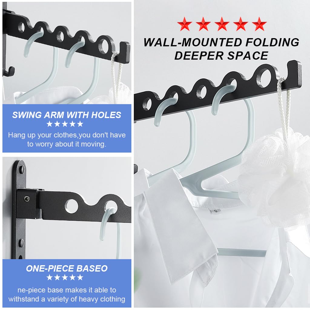 HASTHIP Wall Mounted Cloth Hanger with Folding Arm, Foldable 90°, Metal Aluminum Hangers for Clothes, Space Savers Folding Clothes Rack Hanger, Drying Rack for Bedroom, Bathroom, Balcony (Black)