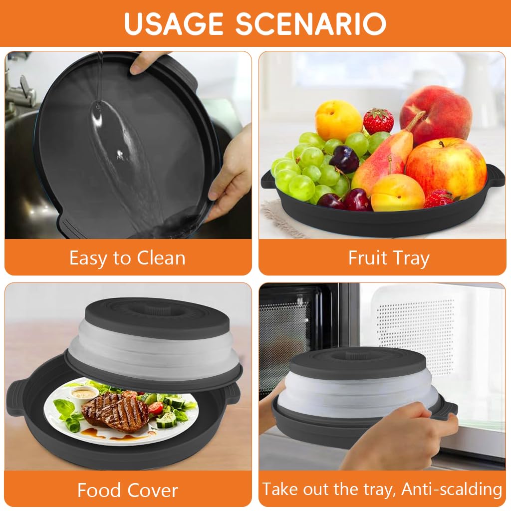 HASTHIP 10.6 inch Microwave Plate Cover, Collapsible Food Plate Lid with Top Steam Vent and Gripper, Strainer for Fruit, Microwave Lid Food Splatter Cover, BPA Free, Microwave Safe Material (Black)
