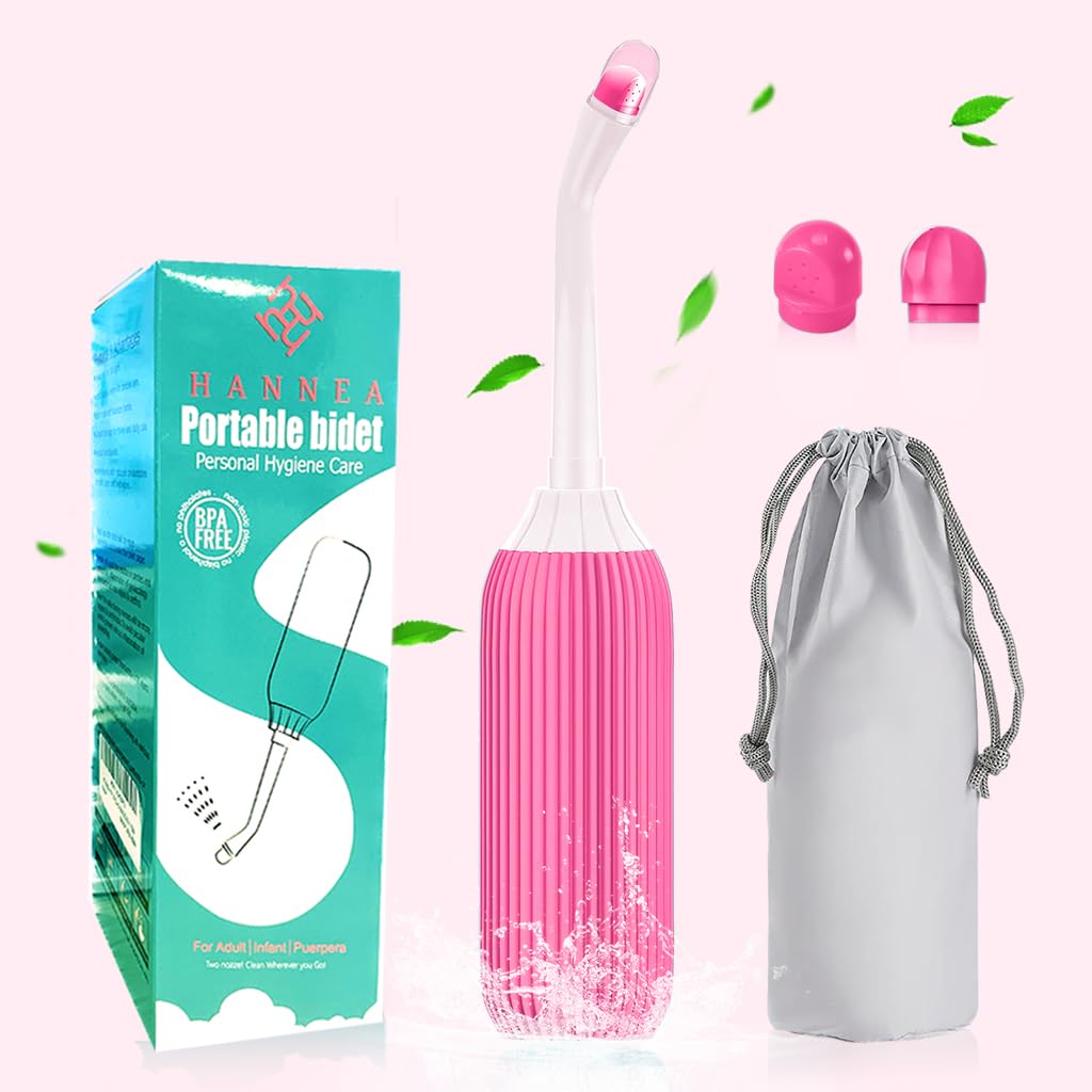 HANNEA 2 set 500ml Portable Jet Sprays with Bag/2 Nozzles for Toilet Retractable Handheld Travel Portable Bidet, Travel Essentials, Toilet Postpartum Perineal Clean Childbirth Cleaner-(Pink+Green)