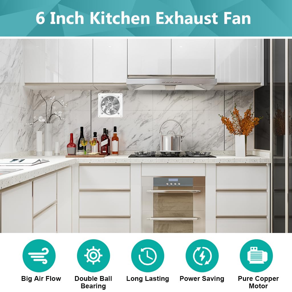 Supvox Kitchen Exhaust Fan with Switch 6 Inches Wall Mounting Kitchen Exhaust Fan with Removable Cover Low Noise Turboforce Small Exhaust Fan for Kitchen, Bathroom, Garage