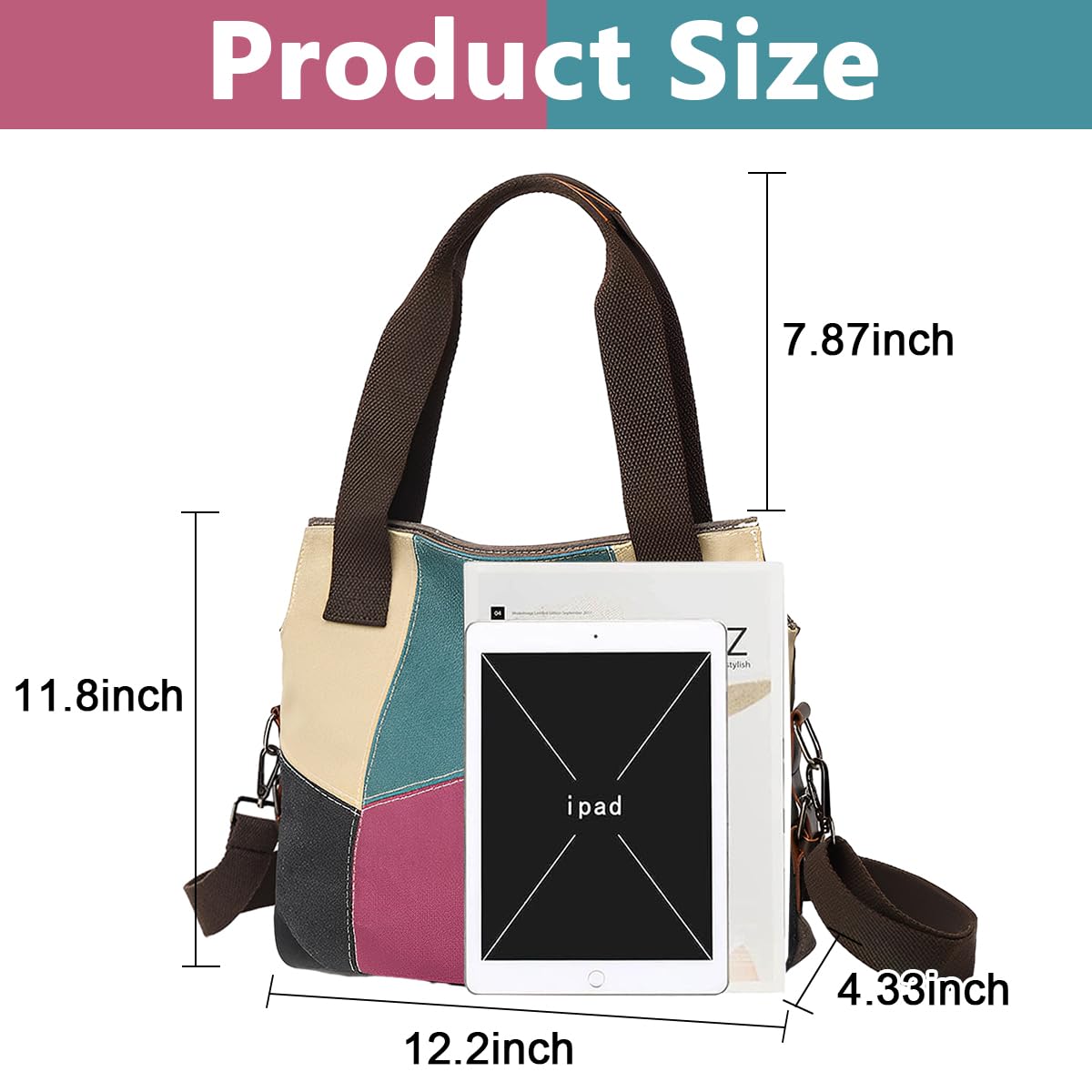PALAY Canvas Tote Shoulder Bag Handbag for Women Fashion Patches Style Tote Bag with Detachable Shoulder Strap Large Canvas Tote Bag for Daily Work Bag for Women
