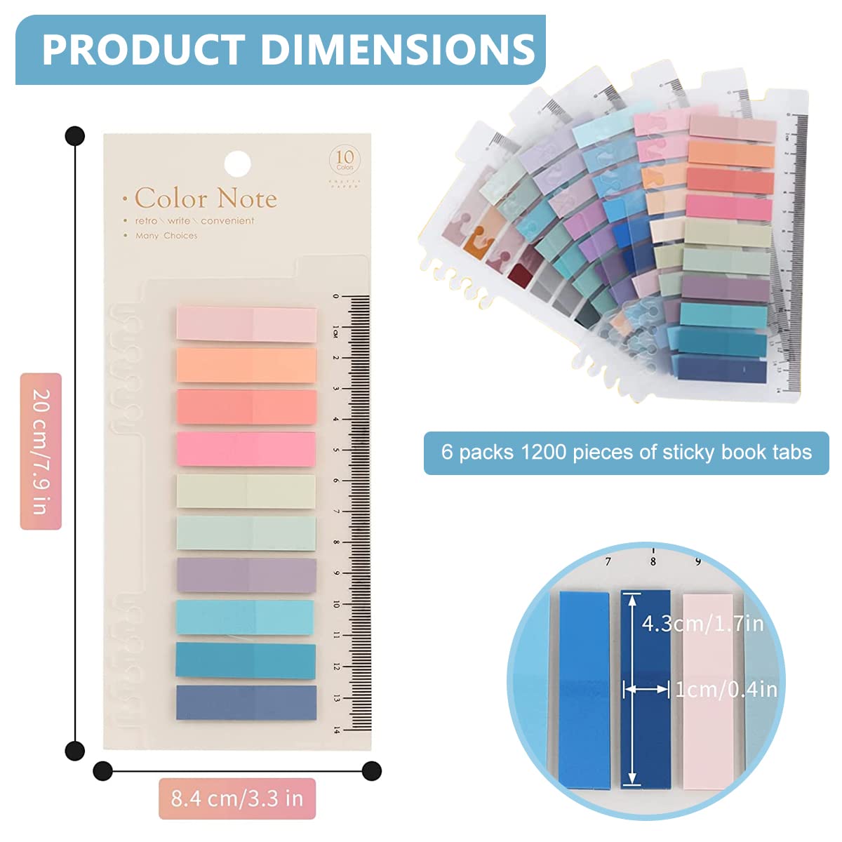 HASTHIP Sticky Tabs 60 Colors Sticky Tabs 600pcs Index Tabs Sticky Notes with Ruler Color Sticky Tabs for Notebook, Books, PET Material Page Tabs Sticky Flags File Index Tabs Office Stationery