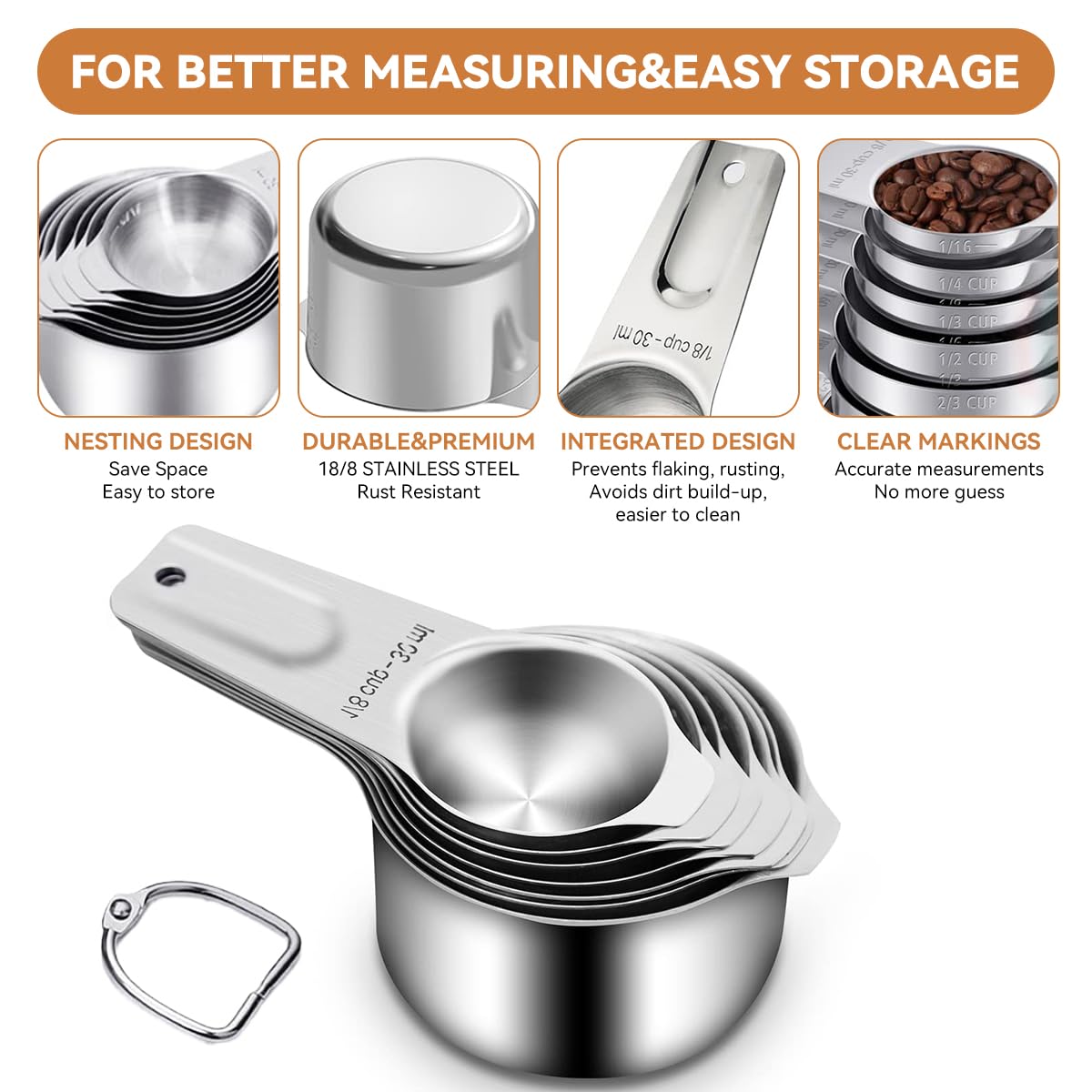 HASTHIP 15-Piece Kitchen Measuring Cups & Spoons Set with 7 Cups, 7 Spoons, 1 Leveling Ruler & 2 Detachable Rings, Kitchen Gadgets for Cooking & Baking (Silver)