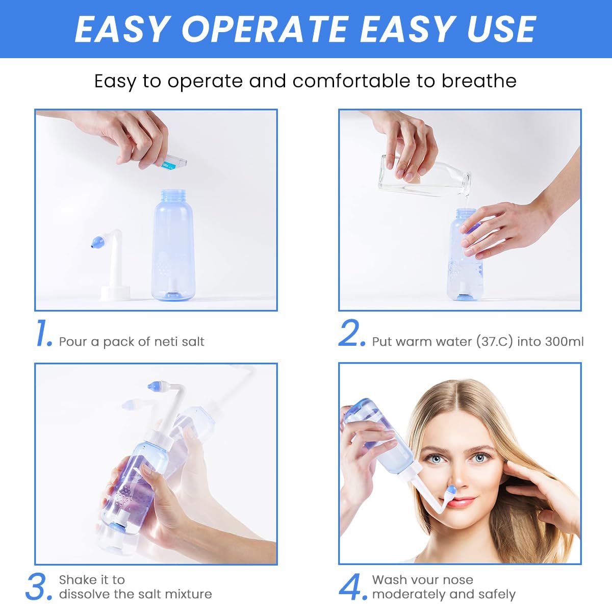 HANNEA Nasal Rinser Kit for Sinus & Allergy Relief, With 30 Packs Nasal Wash Saline(2.7g/per pack) 300ml Reusable Nasal Rinser Kettle, Relieve Nasal Discomfort, Suits for Daily Use, with 2 Rinse Tips