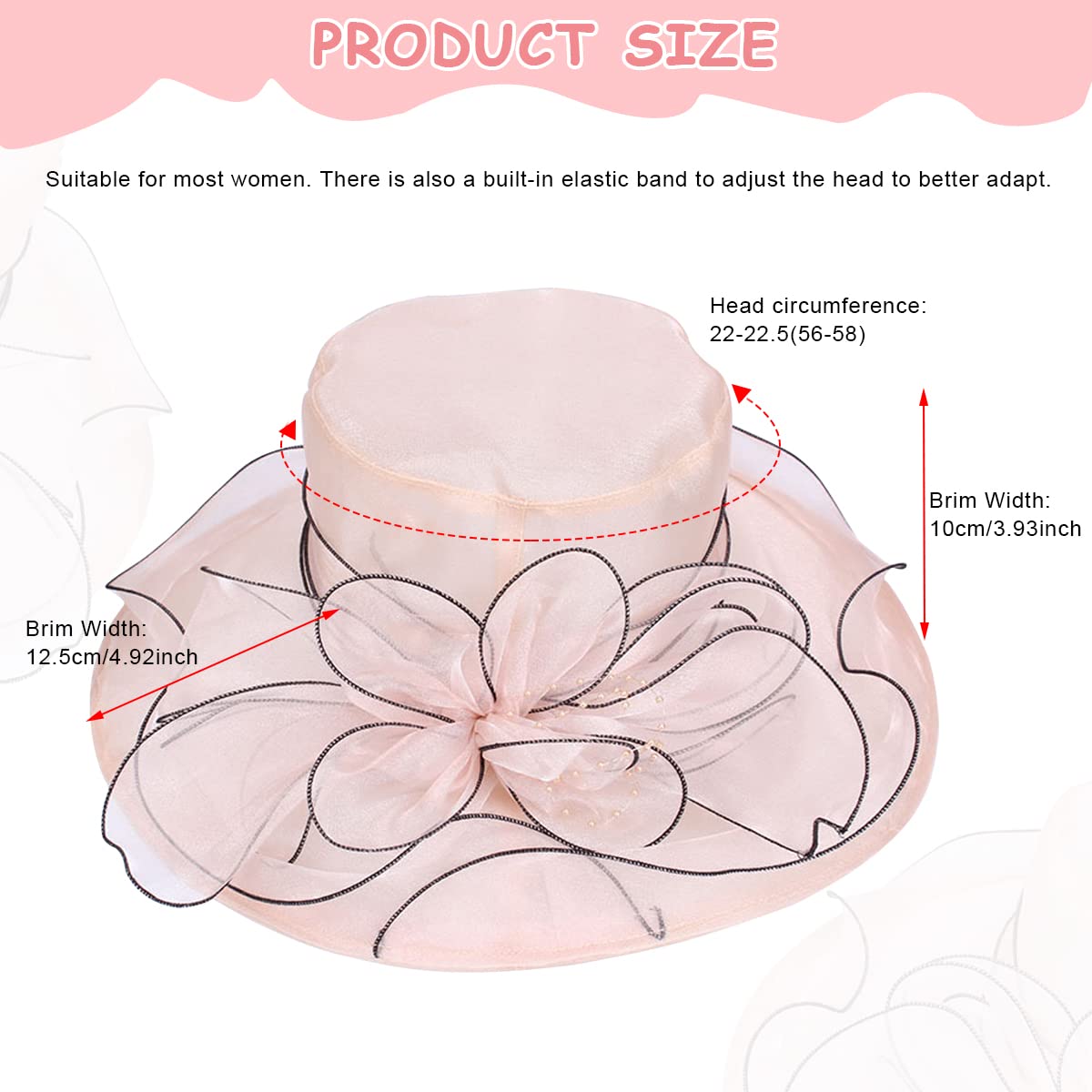 PALAY Fascinator Hat for Women Organza Ladies Cocktail Tea Party Top Hat Elegant Church Wedding Bridal Flower Hat for Events, Banquet, Travel Wide Brim Sun Hat (Pink)