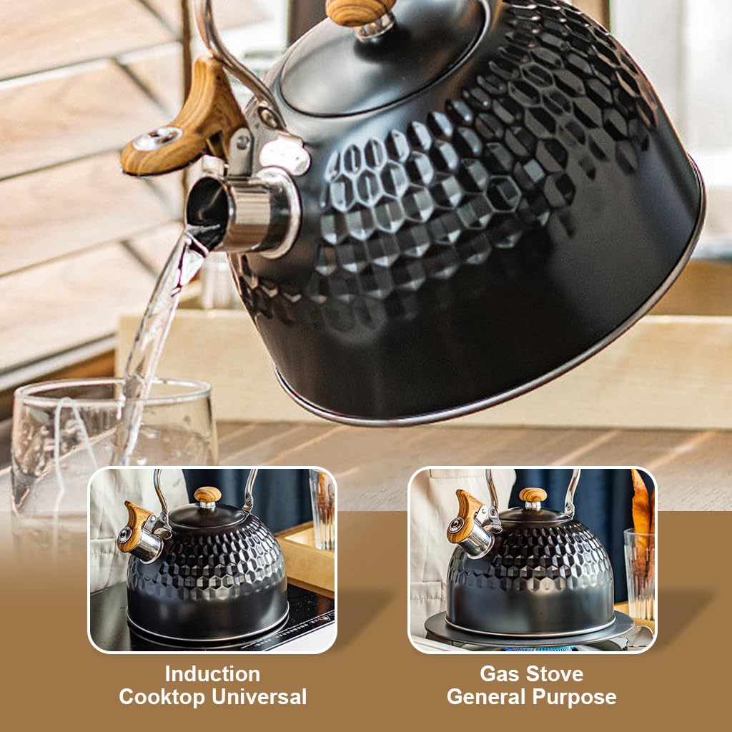 Supvox Tea Kettle 2.5L Stainless Steel Hot Kitchen Watter Kettle High Pitch Whistle Tea Pot on Stove/Induction Cooker, Tea Kettle Anti Scald Handle Coffee Tea Pot for Kitchen Camping, RV, Black