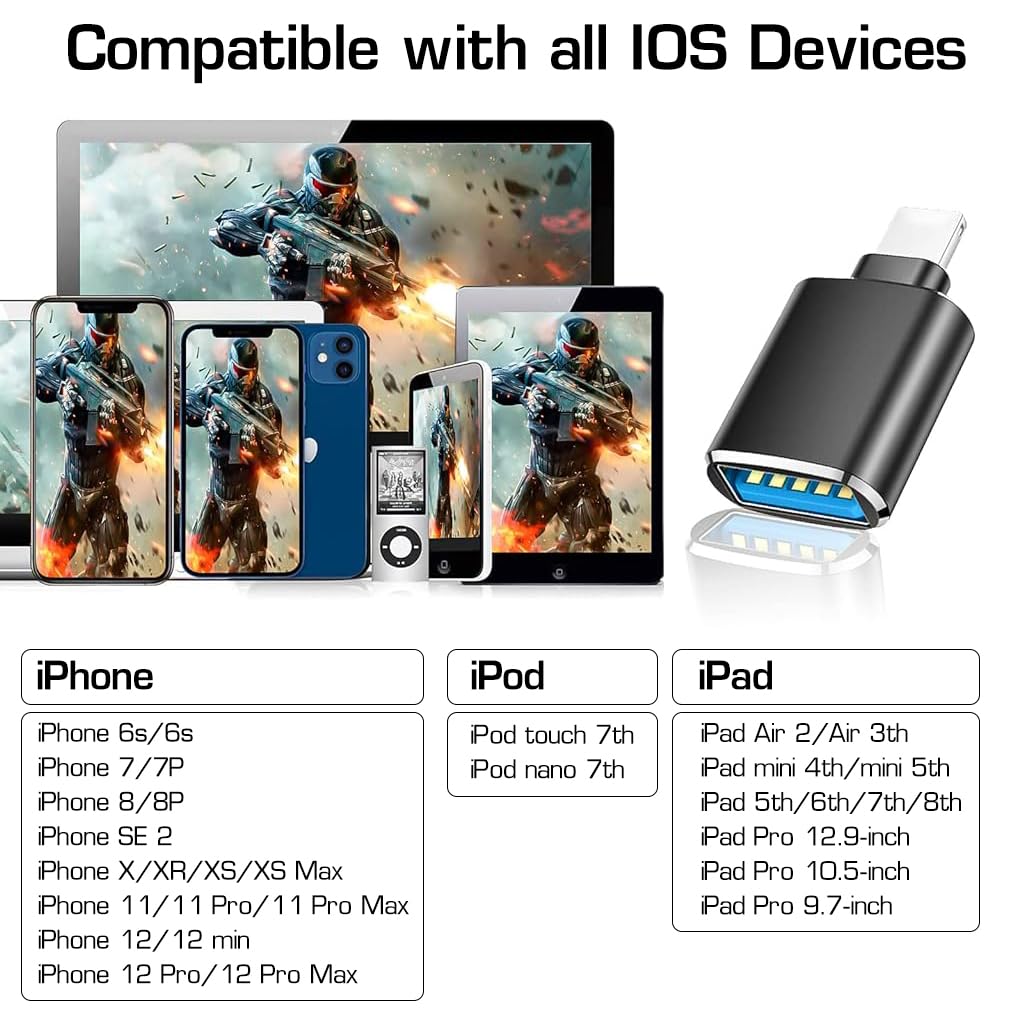 Verilux USB OTG Adapter for iPhone, Lightn-ing Male to USB Female Transfer Portable USB Camera Adapter OTG Data Sync Adapter for iPhone13/12/11/Xr/X/XS/8/7/Card Reader/Flash Drive/Mouse/MIDI Keyboard