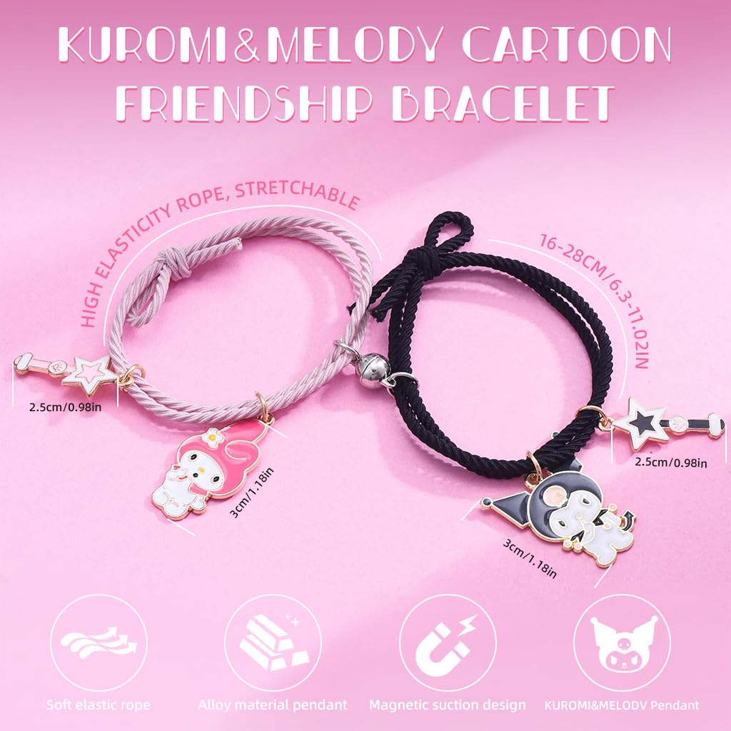 MAYCREATE 1 Pair Girls Friendship Bracelets Kuromi & Melody Friendship Bracelet Fashion Cartoon Sanrio Rope Bracelet for Girls Magnetic Matching Kuromi Melody Bracelet Birthday Gift for Girls