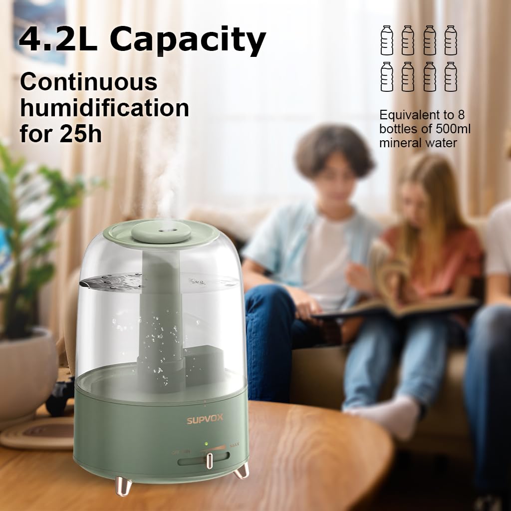 Supvox 4.2L Humidifier for Room Electric Diffuser for Home Silent Humidifier for Cold and Cough 360° Nozzle Rotation Ultrasonic Adjustable Air Humidifier with Mist Adjust Auto Shut-Off