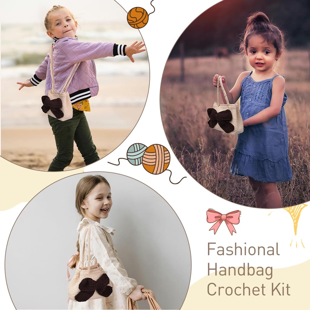 PATPAT DIY Crochet Bag Material Kit for Adults Beginners Crochet Bag Material with Crochet Hooks, Tools, Yarns, Stitch Marks, Scissors DIY Crochet Bow Knot Hand Bag Gift Handmade Crochet Bag Gift