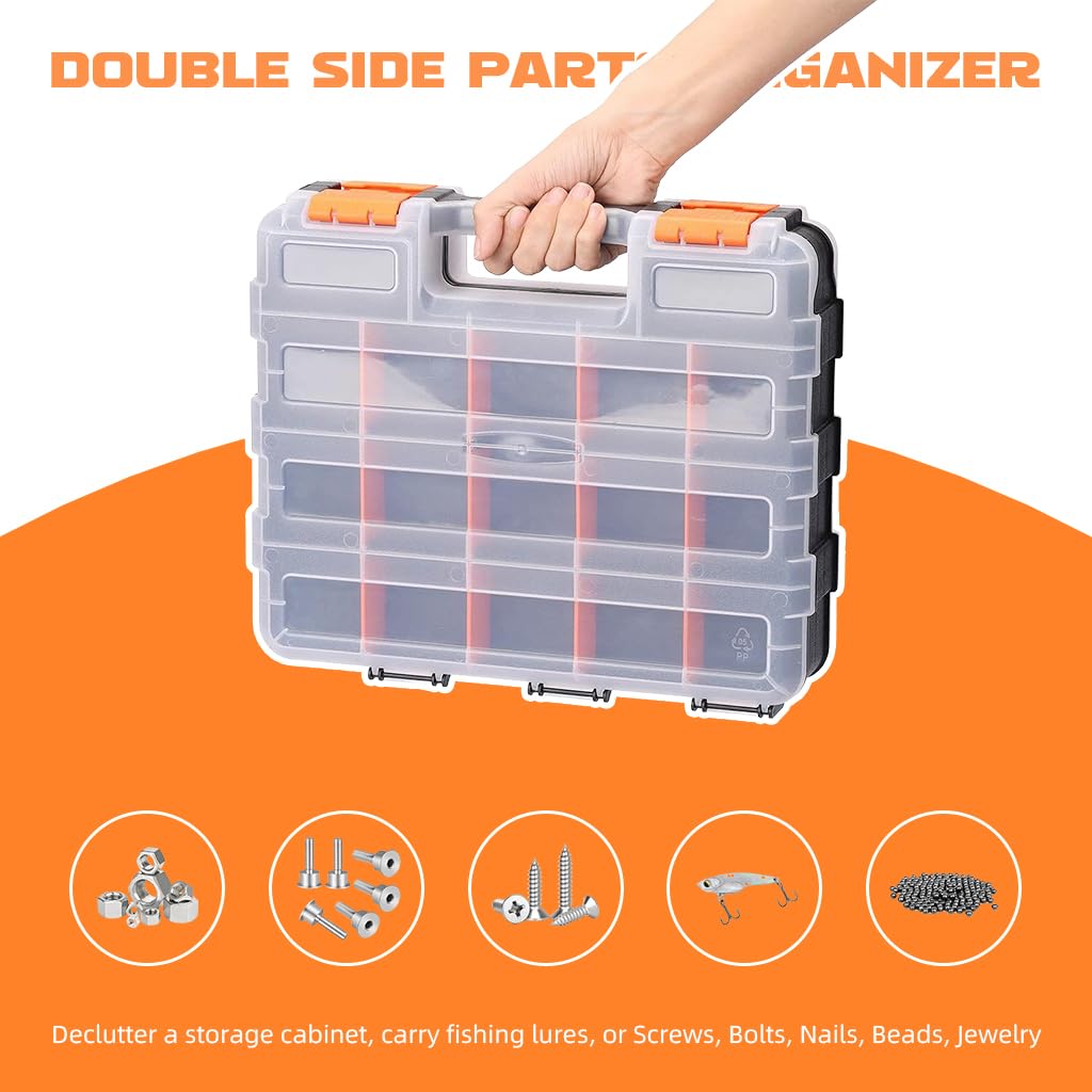 Serplex Accessories Tool Storage Case Double Side 34 Divided Compartments Transparent Accessories Organizer Box with Lock Portable Accessories Tool Box Suitcase for Screws, Bolts, Nails, Beads