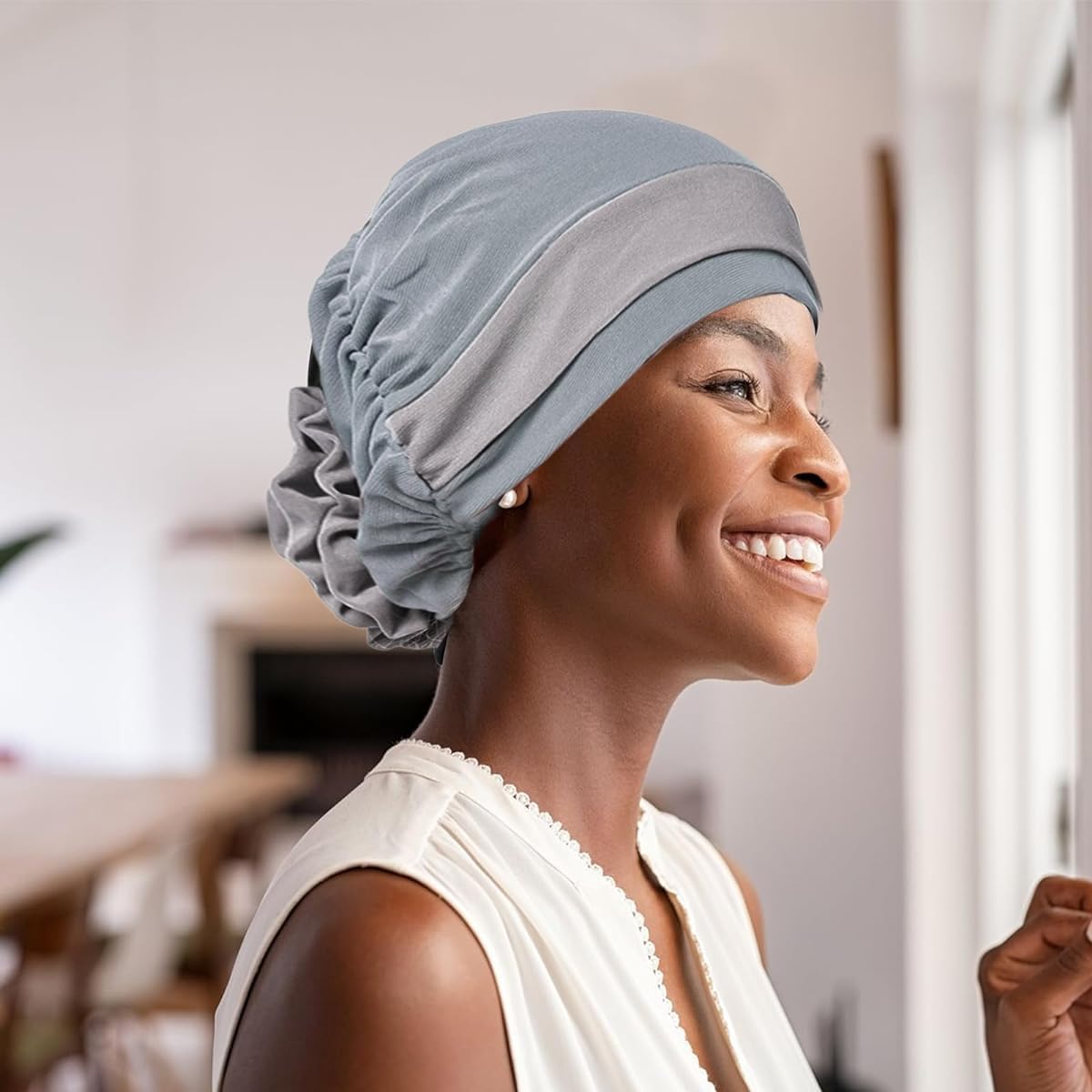 PALAY Chemo Caps for Women Cotton Stretchy Turban Cap Headwear Head Wrap Flower Skull Cap for Women Cancer Beanie Head Coverings - Grey