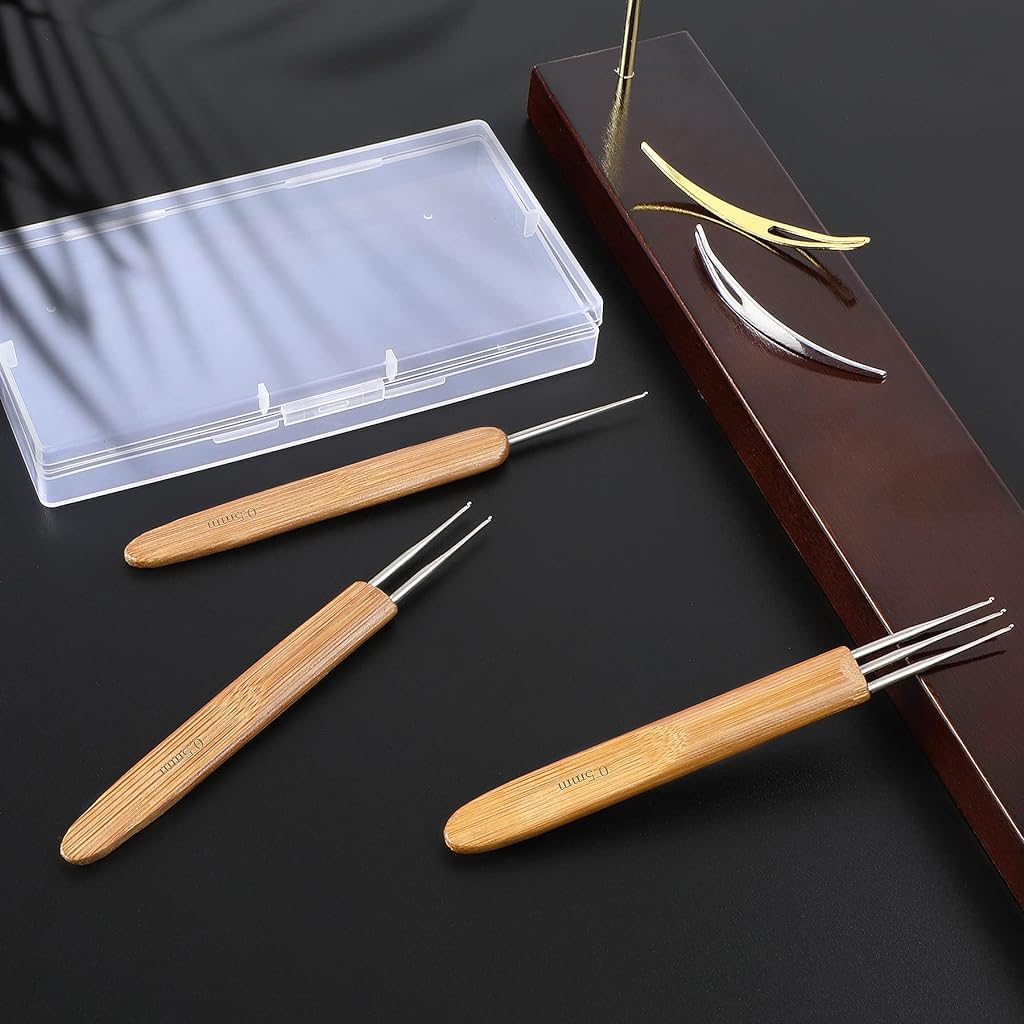 HASTHIP Dreadlock Crochet Hook Set of 6pcs Crochet Hook Set with 3Pcs 0.75mm Crochet Hook & 3 Hair Locking Tools Needle Weaving Crochet for Braid Craft Dreadlocks Needle Weaving Kit