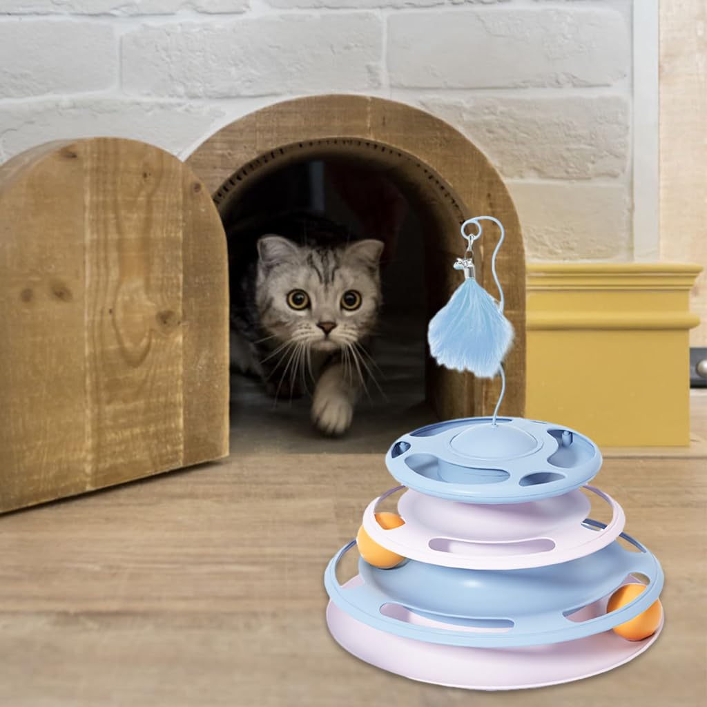 Qpets Cat Turntable Toy, 3 in 1 Cat Interactive Toys-Cat Teaser Stick, Double Track Turntable Ball, Detachable Snack Dispenser, PP Material Cat Amusement Plate Puzzle Pet Cat Toy