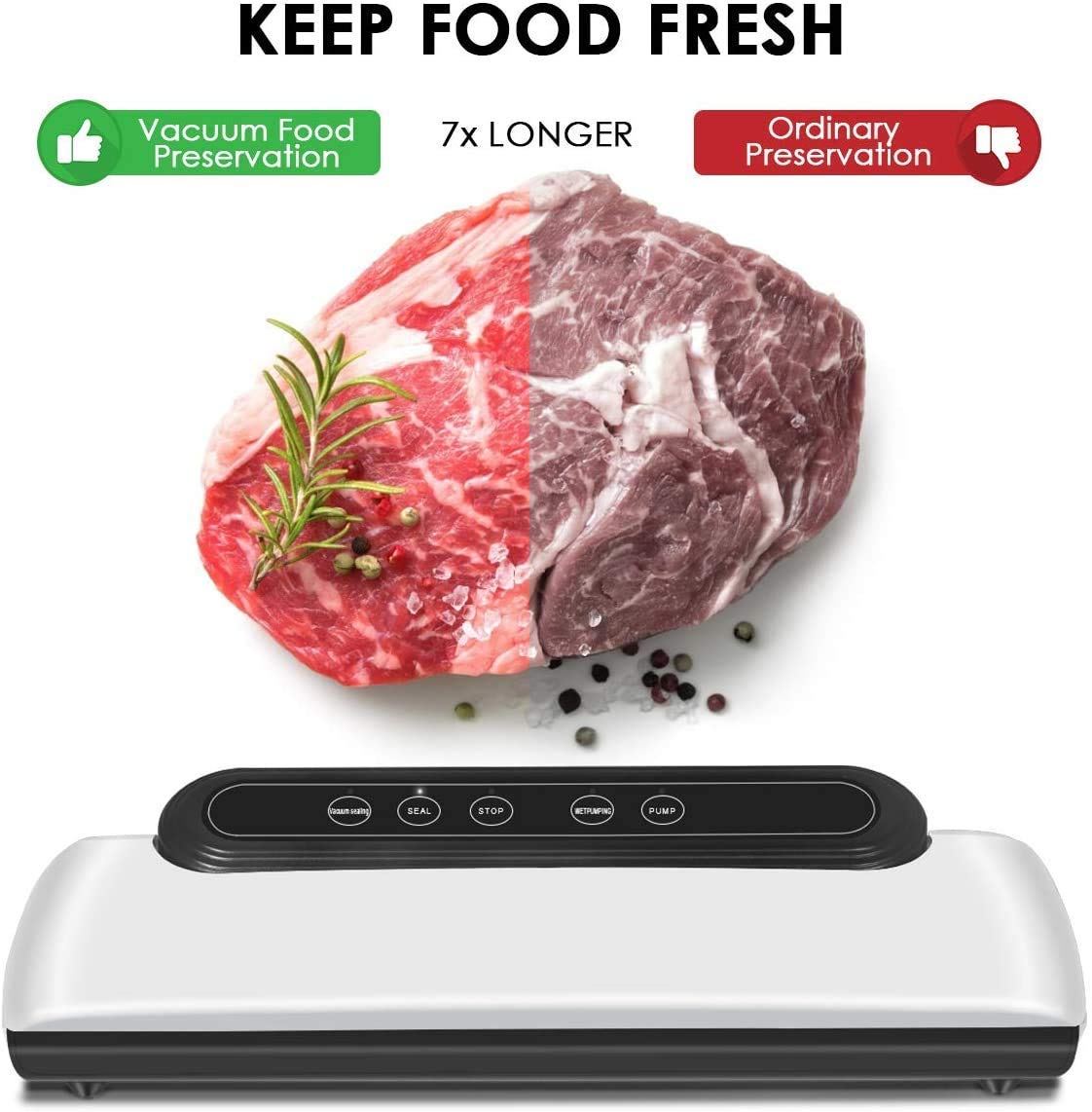 HASTHIP Vacuum Sealer, Automatic Food Sealer with Built-in Cutter& Roll Bag Storage, Machine for Food Storage and Preservation with Dry&Moist Modes with 10 Reusable Bags