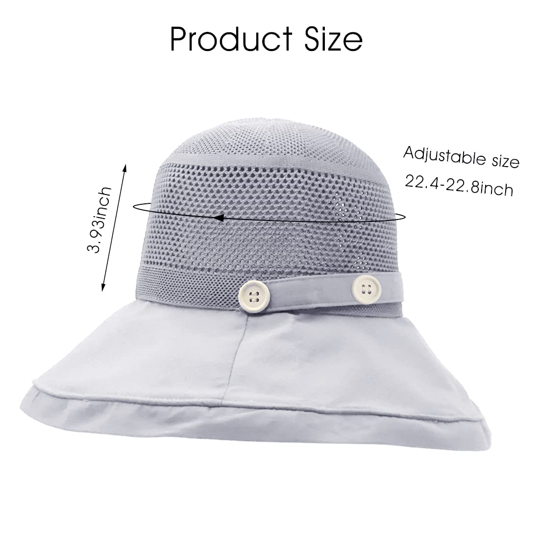 PALAY UV Protect Sun Wide Brim Hats for Women, Summer Breathable Casual Mesh Cotton Foldable Bucket Hat (Grey)