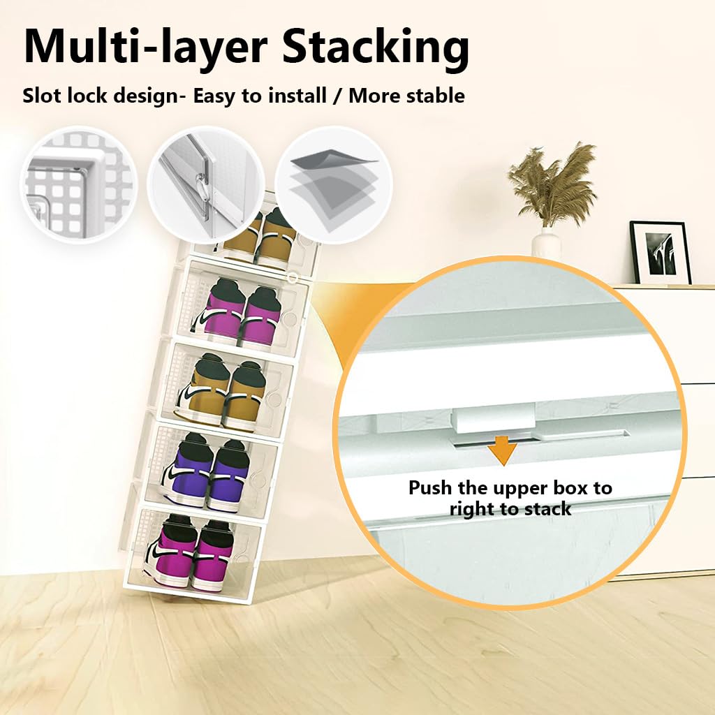 HASTHIP 12 Pack Shoe Box, Large Plastic Shoe Boxes Storage, Fit Size Men's 11, Clear Plastic Stackable Sneaker Containers Bins with Lids, Great Substitute for Shoe Rack, Space Saving (White)
