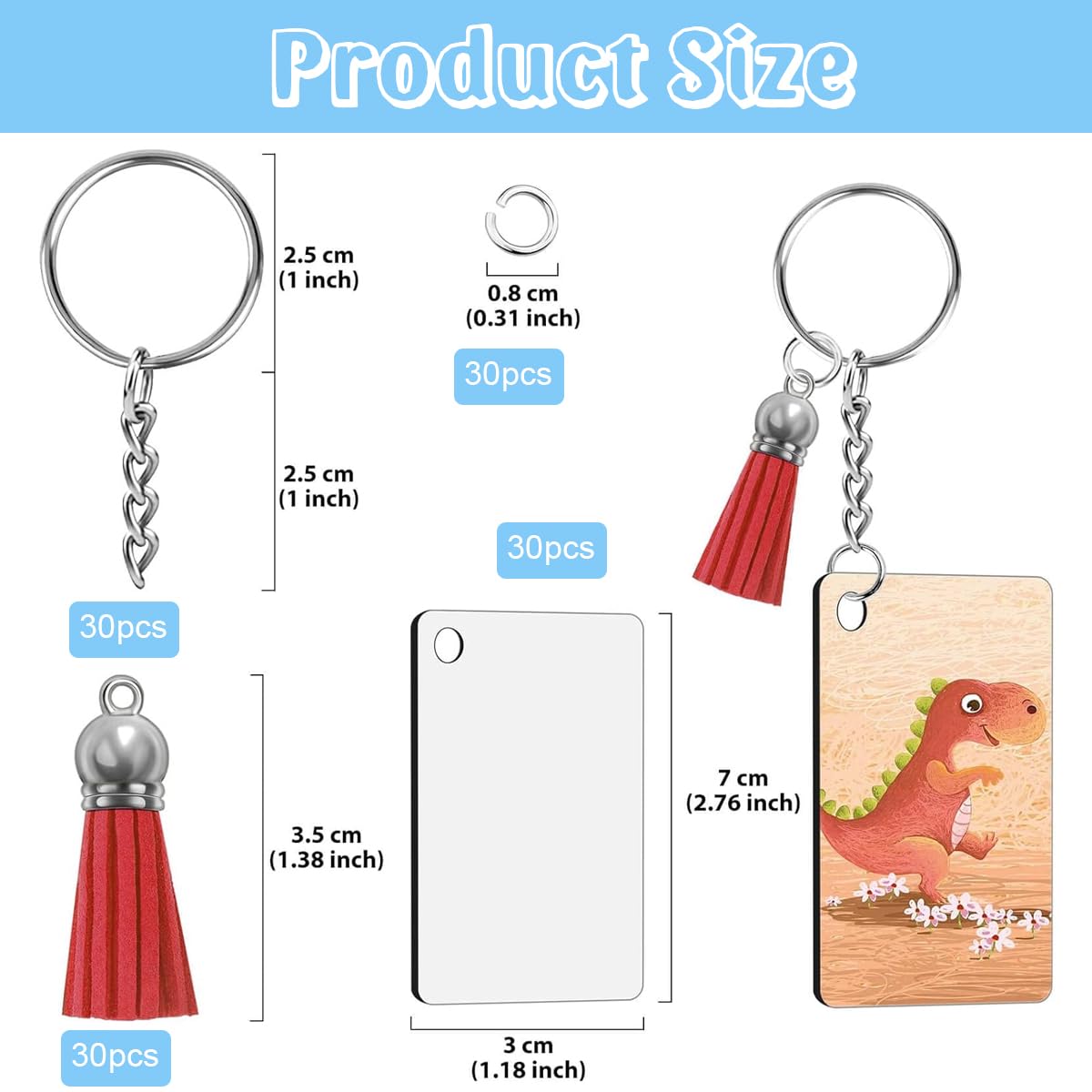 SANNIDHI 120pcs Acrylic Keychain Blanks Kit, Including 30pcs Rectangle Clear Acrylic Blanks, 30pcs Keychain Tassels, 30pcs Key Ring and 30pcs Jump Rings for DIY Key Chain Vinyl Crafting