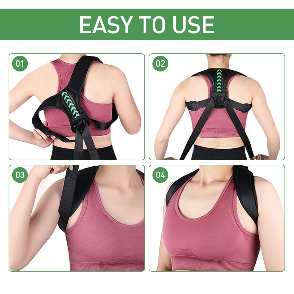 HANNEA Posture Corrector For Men & Women, Spine & Body Posture Correction Back Support Belt, Improving Posture Adjustable Back Shoulder Support Belt - Back Pain Relief Products, Black Green Arrow, M
