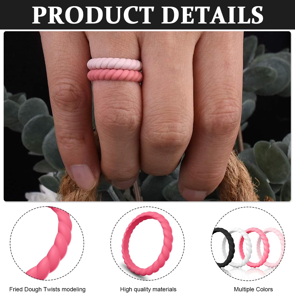 SANNIDHI 4Pcs Silicone Rings for Women Rubber Stackable Finger Ring, Sport Style Thin Braided Wedding Rings Bands, Promise Ring - Size 8
