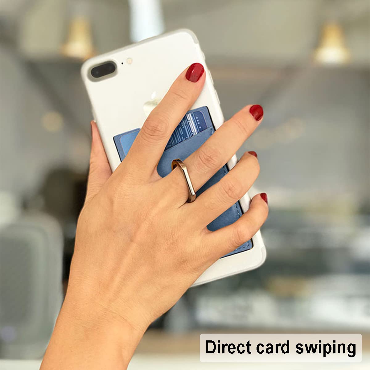 ZORBES Phone Card Holder for Smartphones with Finger Ring Stand-Slim Card Pocket -Blue2