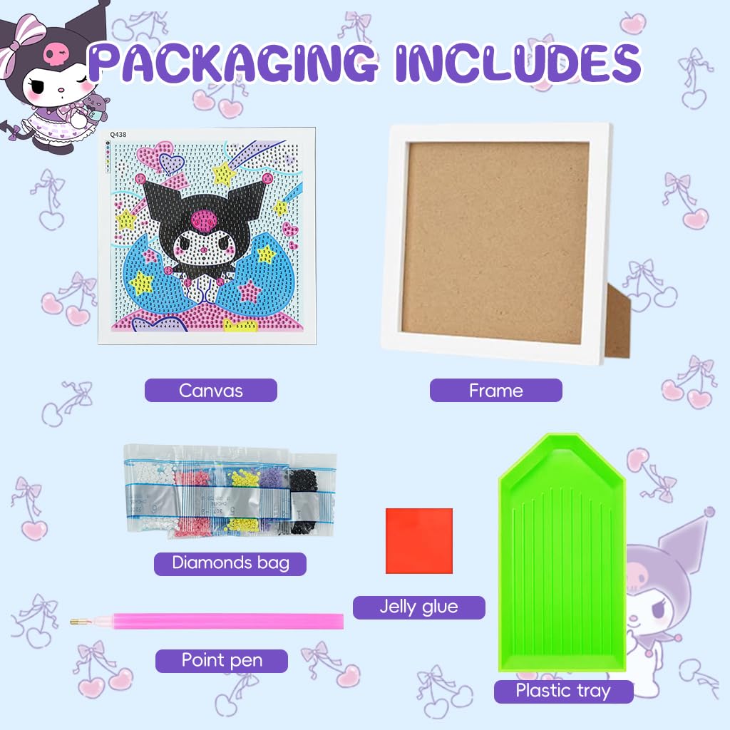 PATPAT DIY Diamond Painting Art Kit for Kids 6.7 inches Cute Kuromi Diamond Painting Art with Wooden Frame DIY Diamond Painting Art Desk Decoration Art Craft Gift for Kids