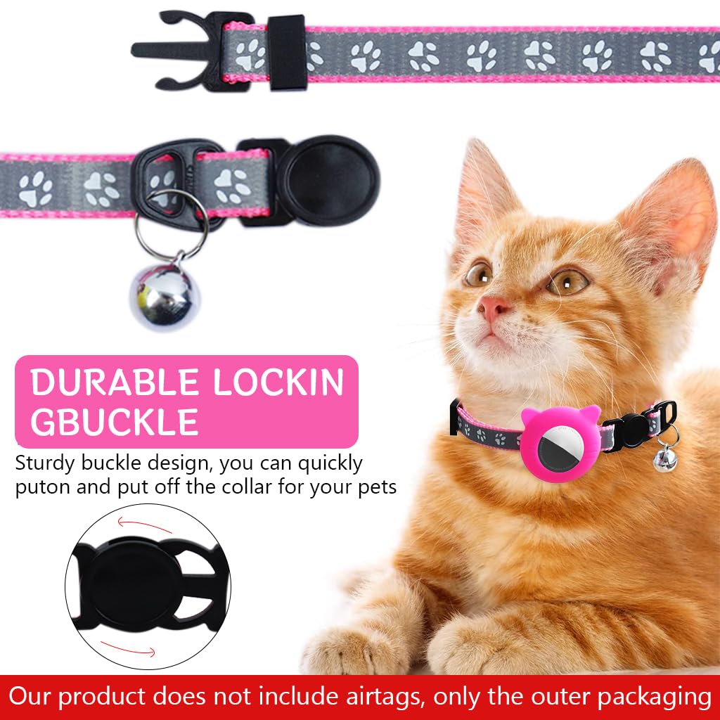 Qpets Pink Cat Collar with Silicone Airtag Holder, Reflective Airtag Case Cat Collar with Bell Quick Release Adjustable Cat Collar for Small Cat Kitten (8.6-10.8