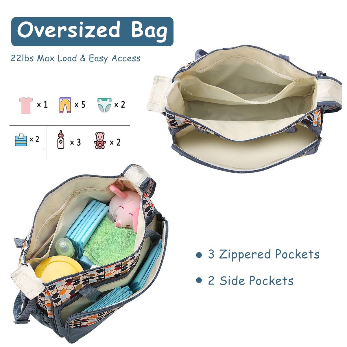 SNOWIE SOFT 5Pcs Motherly Diaper Bag Set Multi-purpose Baby Diaper Bags for Mom for Travel Diaper Bags for Mothers Carry Baby Bags with Water Bottle Bag, Bento Bag, Diaper Change Pad Baby Shower Gift