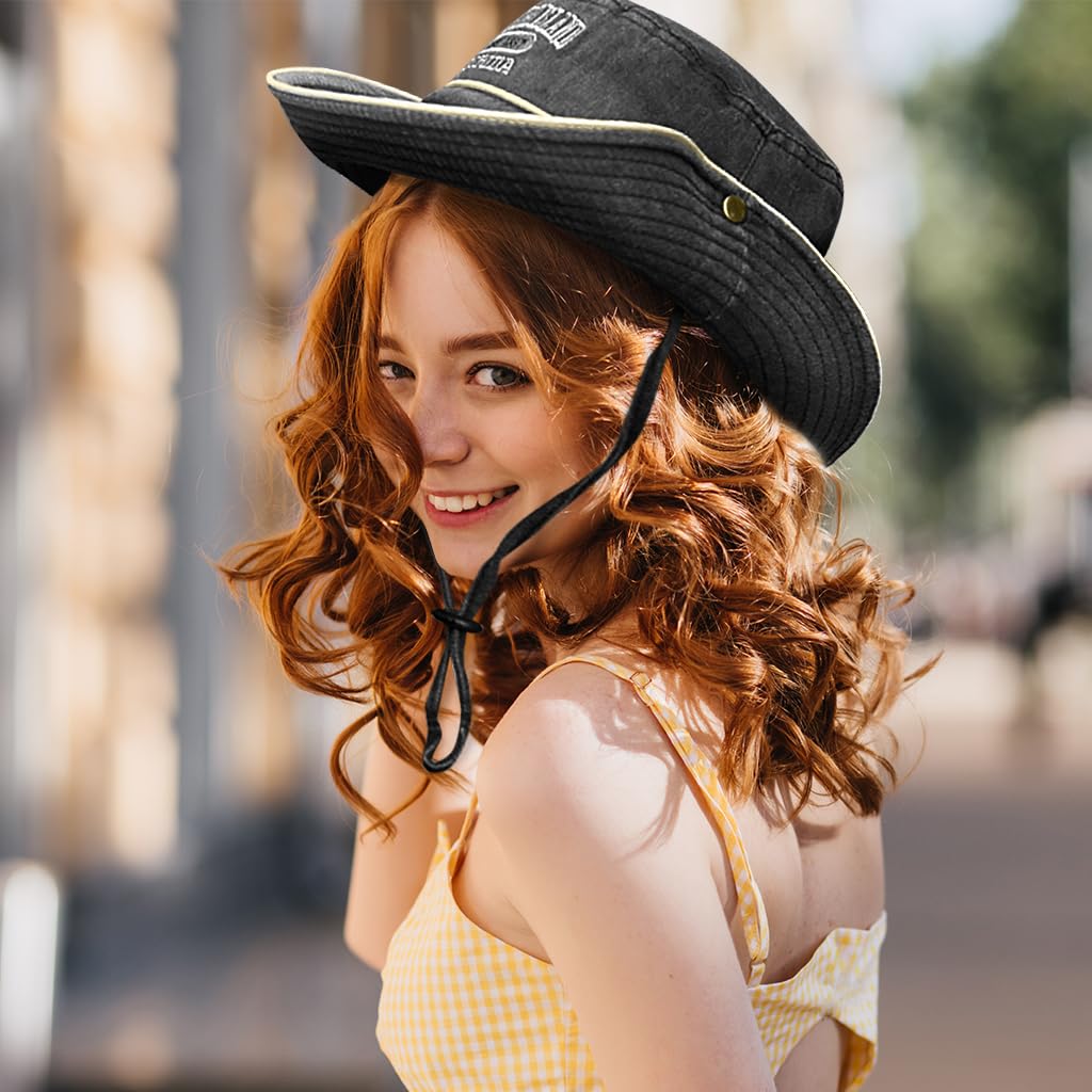 PALAY Cowboys Bucket Hat for Women and Girls Stylish Breathable Wide Brim Sun Hats for Women Letter Embroidery Beach Hat for Women Summer for Outdoor, Travel, Camping, Picnic Black