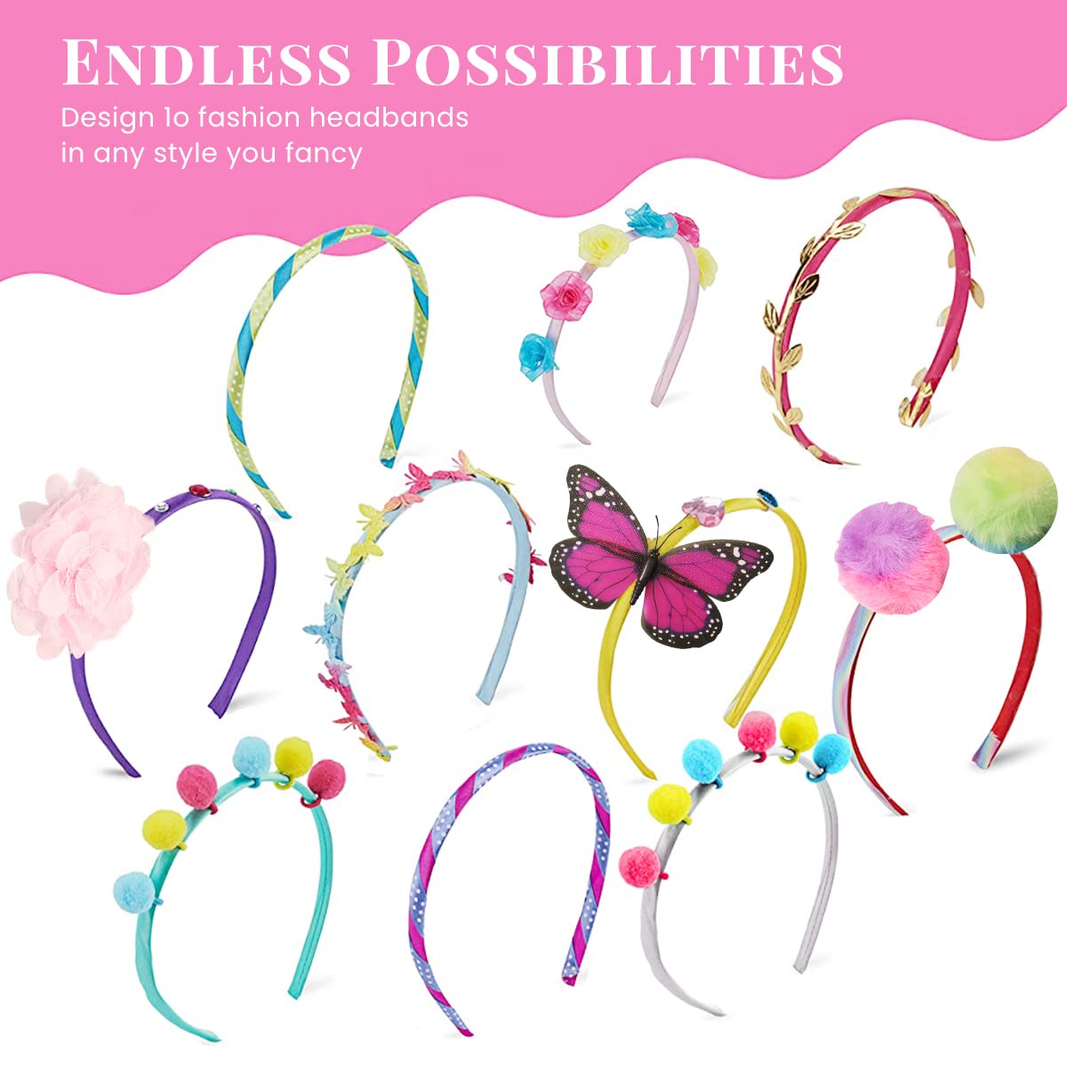 PATPAT DIY Headband Making Kit for Girls, Create Your Own Headbands, Includes 10 Headbands with Assorted Accessories and Charms, Fashion Fun Arts & Crafts Toy Gift for Girls Ages 5-12