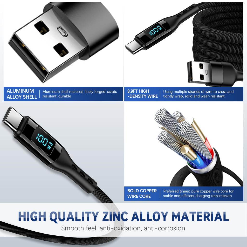 Verilux 2 in 1 Type C to Type C Cable, PD 100W Fast Charging & Data, 3.9Ft USB A/USB C to USB C Nylon Braided Cable, 480Mbps Data Cable with LED Display for iPhone 15, Galaxy /S23, iPad Air 4, Laptop