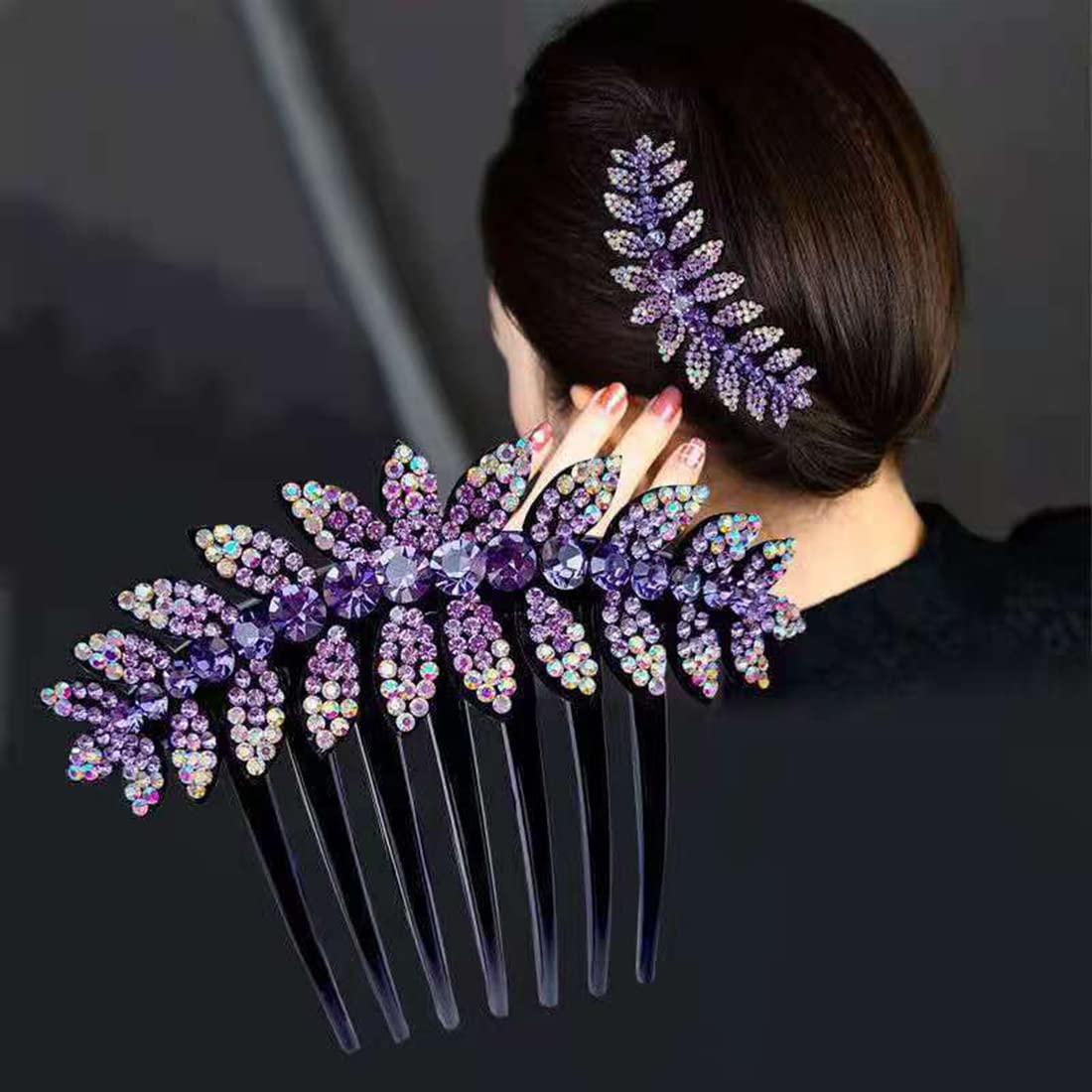 PALAY Purple Leaf Hair Clips for Women Flower Hair Comb Pins Slide Hair Clips for Girls Crystal Barrettes Bridal Charm Hair Accessories(Purple)