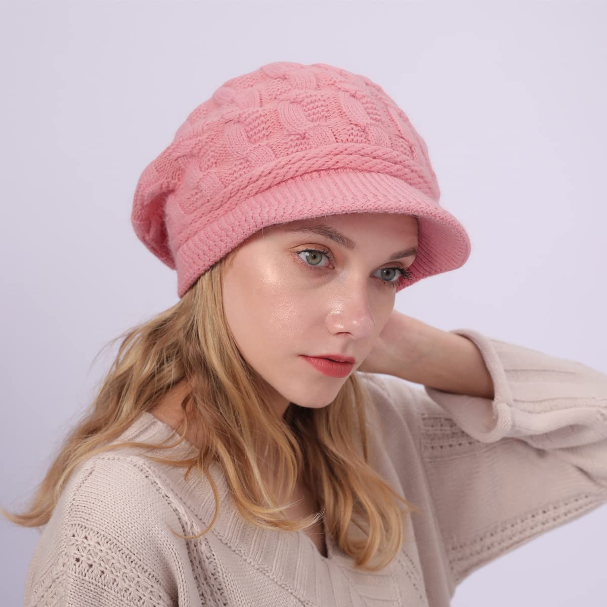 PALAY Winter Cap for Women Stylish Knitted Beret Cap Fleece Lined Wide Brim Beret for Women Warm Hat for Girl Ladies Pink