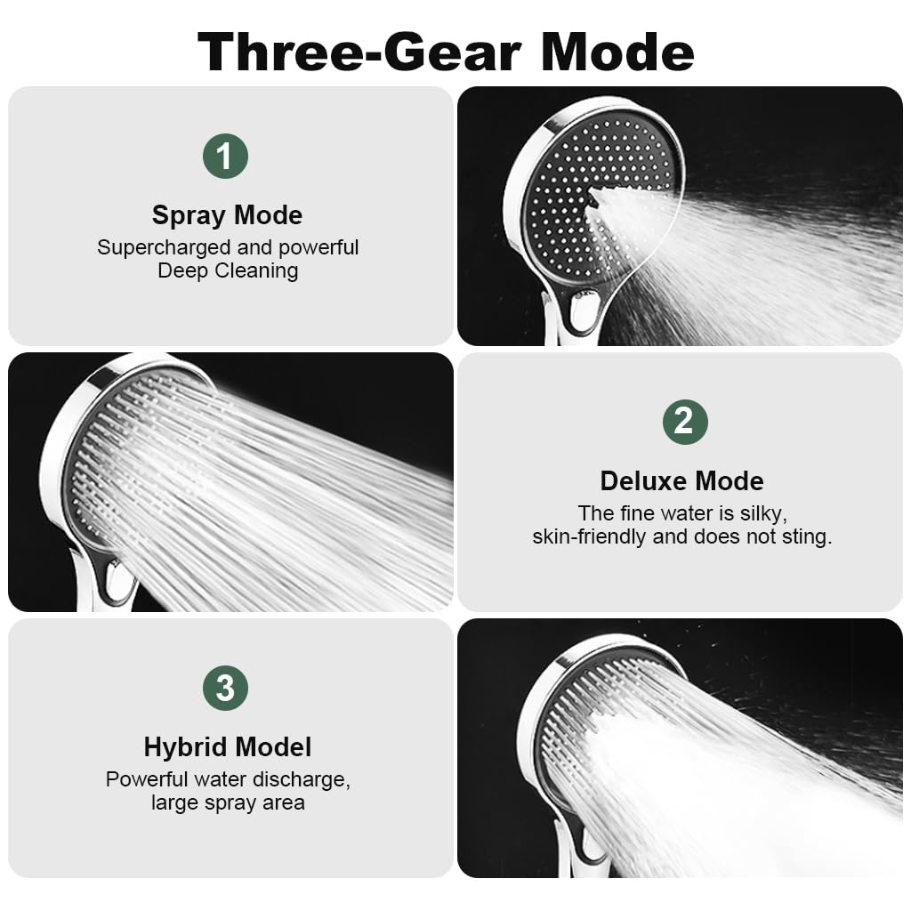 HASTHIP Shower Head High Pressure Shower Head with 3 Spray Modes Universal Water Saving Shower Head Massage Shower Head Rainfall Shower Head Modern Chrome Plated Bathroom Shower Head
