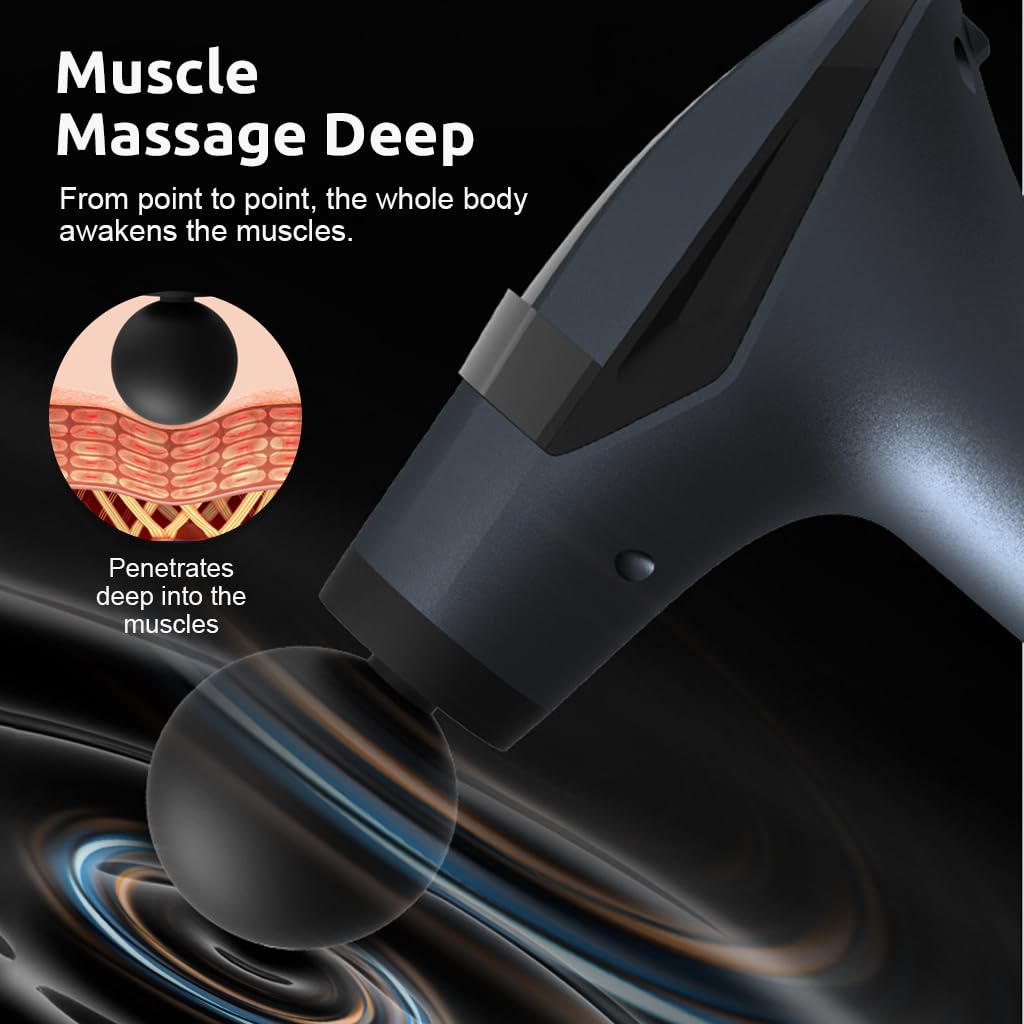 HANNEA Fascial Gun Cordless Deep Muscle Stimulator with 4 Attachment Massager Heads & Extender Handle & Massager Belt, 12 Intensity Levels Switchable Electric Massager Deep Muscle Relaxation