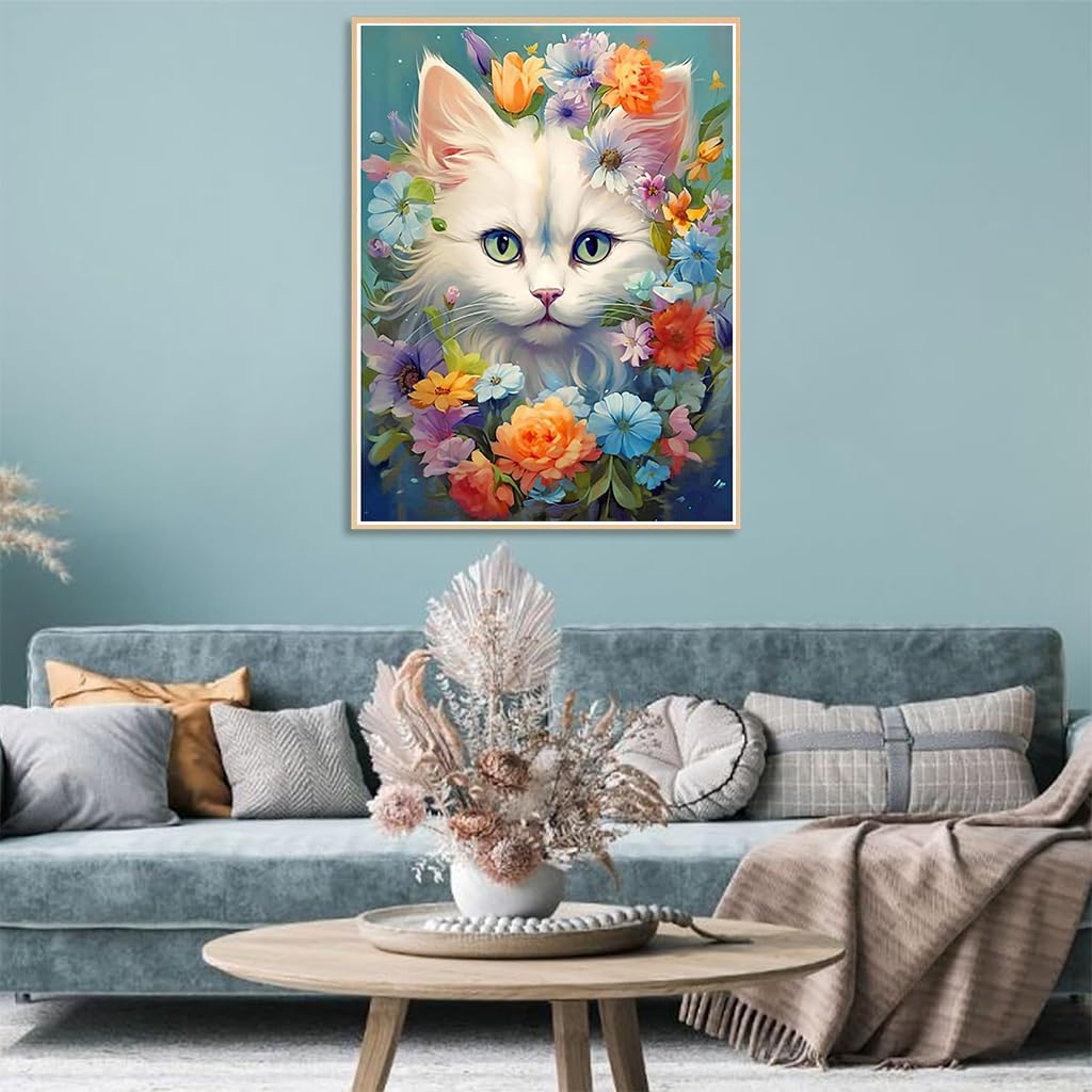 HASTHIP Diamond Painting Kit - 12x16inch White Cat Diamond Painting Kits, 5D Diamond Painting Kit for Adults & Kids, Very Suitable for Home Leisure and Wall Decoration, Gift for Kids and Adults