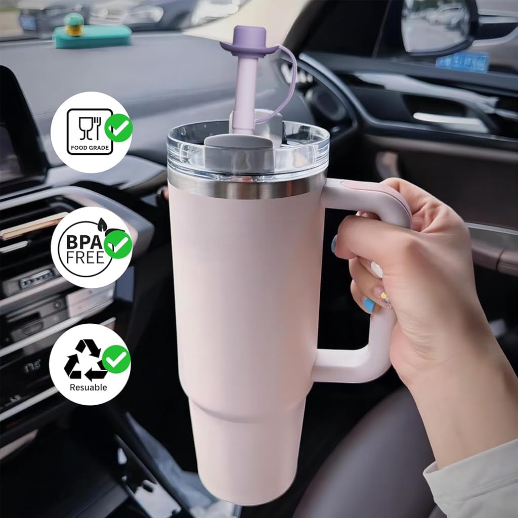 HASTHIP 2Pcs Silicone Straws with Caps, Replacement 12 inch Long Silicone Straw - Stocking Stuffers for Adults Men Women Teens Gifts, Reusable Straw Compatible with Stanley 40&30 oz Cup Tumbler