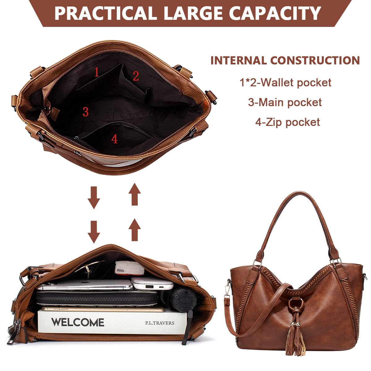 PALAY Tote Bags for Women Handbag Large Capacity Retro Vintage Tote with Shoulder Strap Tassel Decor Handbag for Lady Soft PU Leather Tote Bag Classic Solid Color Shoulder Crossbody Bags