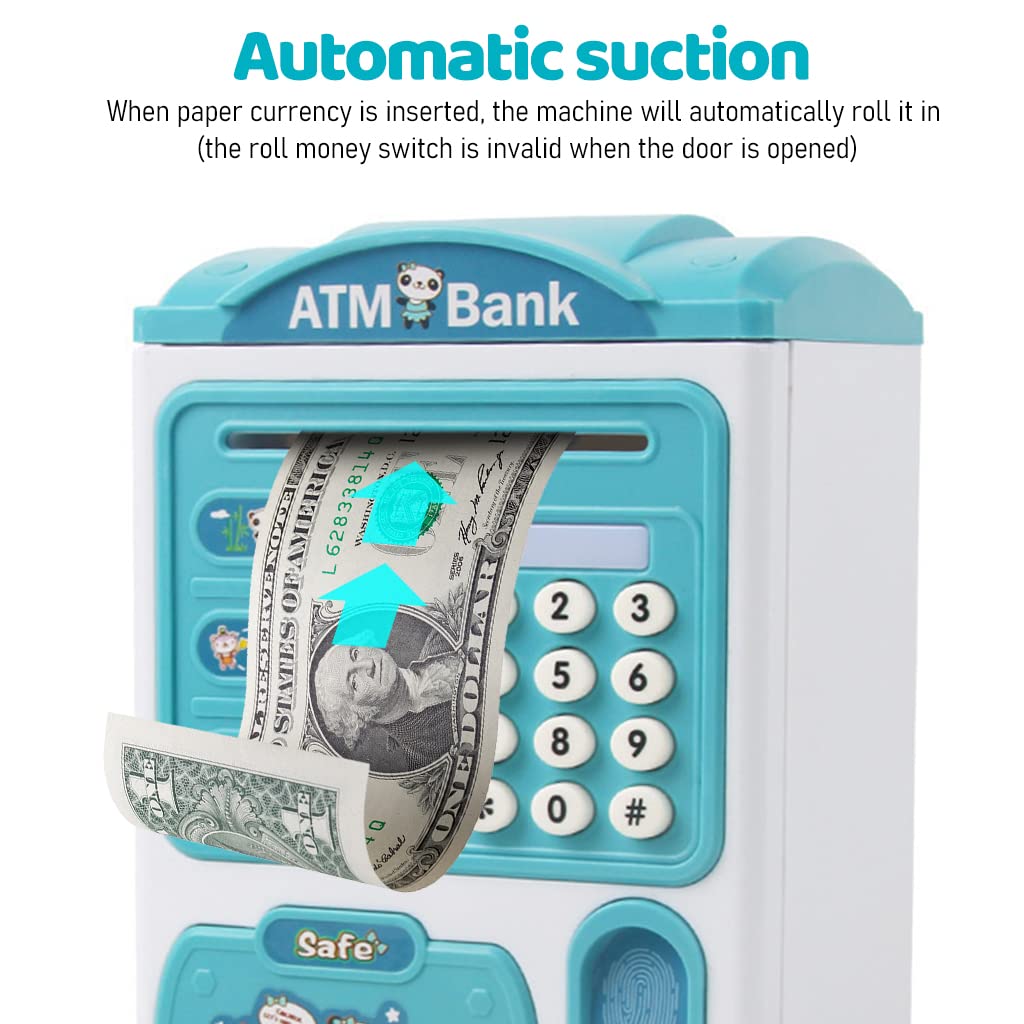 PATPAT Electronic ATM Piggy Bank for Kids, Money Bank with Password and Fingerprint Lock, Automatic Paper Money Saving Box with Music, Gift Toy for Kids Boys Girls Children's Day Gift, Blue