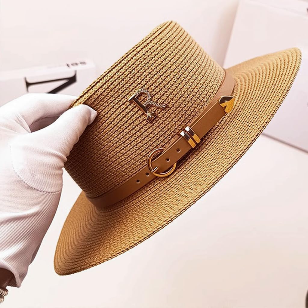 PALAY Straw Hat Bucket Hat for Women Flat Top Sun Hat Wide Brim Beach Hat for Women Ladies Foldable Summer Outdoor UV Protection Cap - Khaki