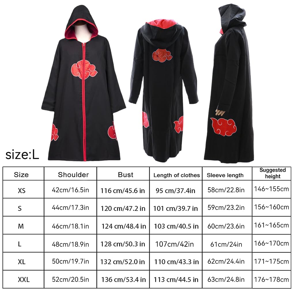 PATPAT Hooded Akatsuki Cloak Itachi Uchiha Cosplay Costume Long Cape Full Set, Anime Cosplay Costume for Men Women Akatsuki Dress for Party Halloween - Size L, Suitable for Height 165-170cm