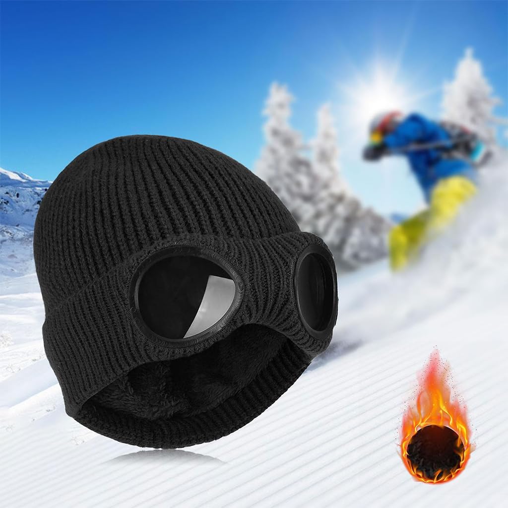 PALAY Winter Hat Knitted Beanie Warm Hat Fashion Goggles Lens Knitted Cap Creative Couple Winter Hat Winter Stretchy Knitted Beanie Hat for Outdoor, Riding (Black)