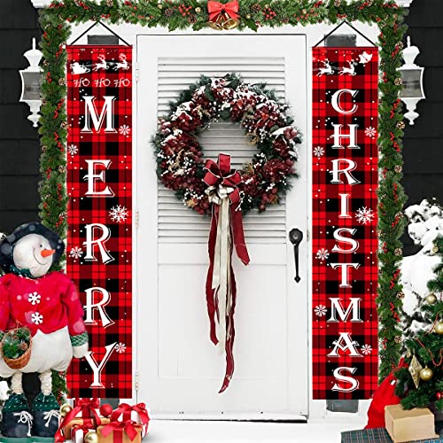 HASTHIP® Christmas Decorations Outdoor Yard Front Porch Sign Set Red Black Buffalo Plaid Door Banner Hanging Merry Xmas Decor Home Indoor Wall Front 2PCS