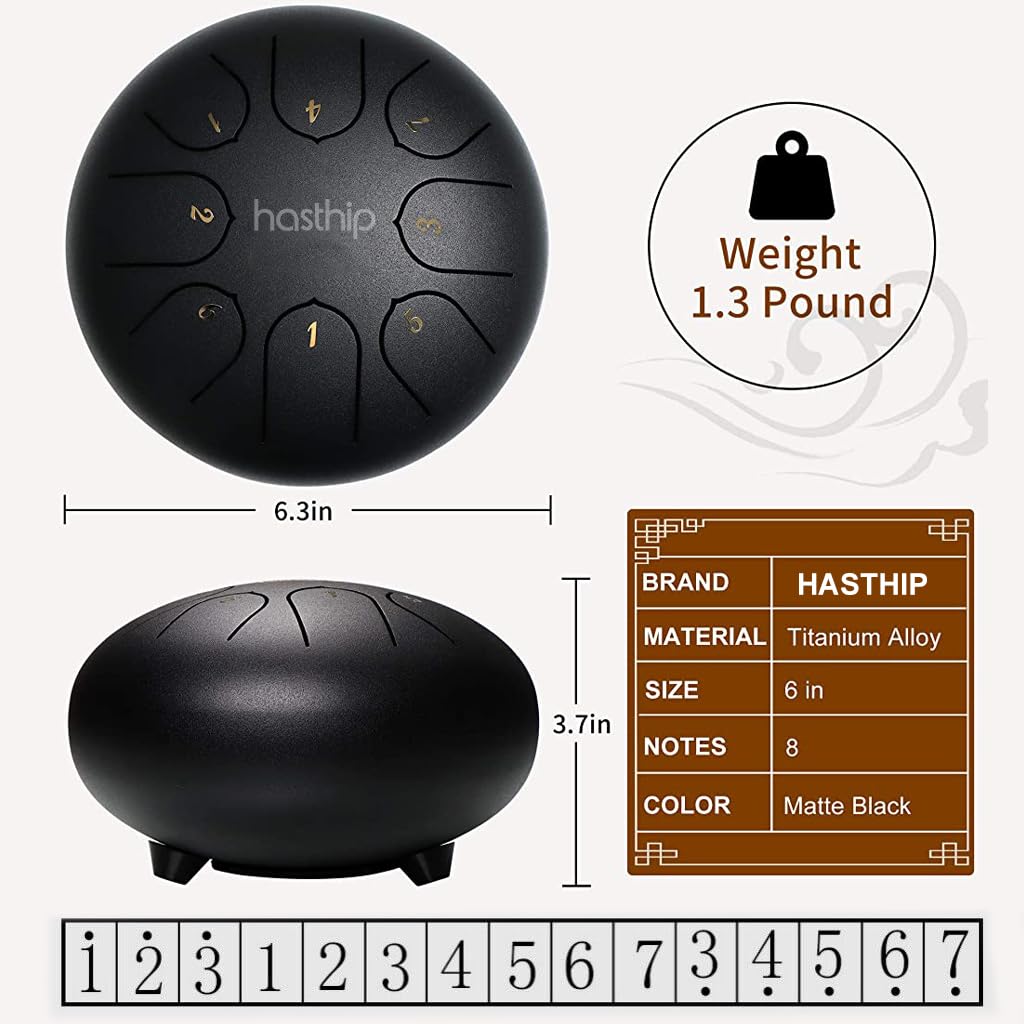 HASTHIP Steel Tongue Drum 8 Note, 6 inch Percussion Instrument Handpan Drum with Bag, Music Book and Mallets for Kids and Adults Meditation Musical Education Concert Mind Healing Yoga (Black)