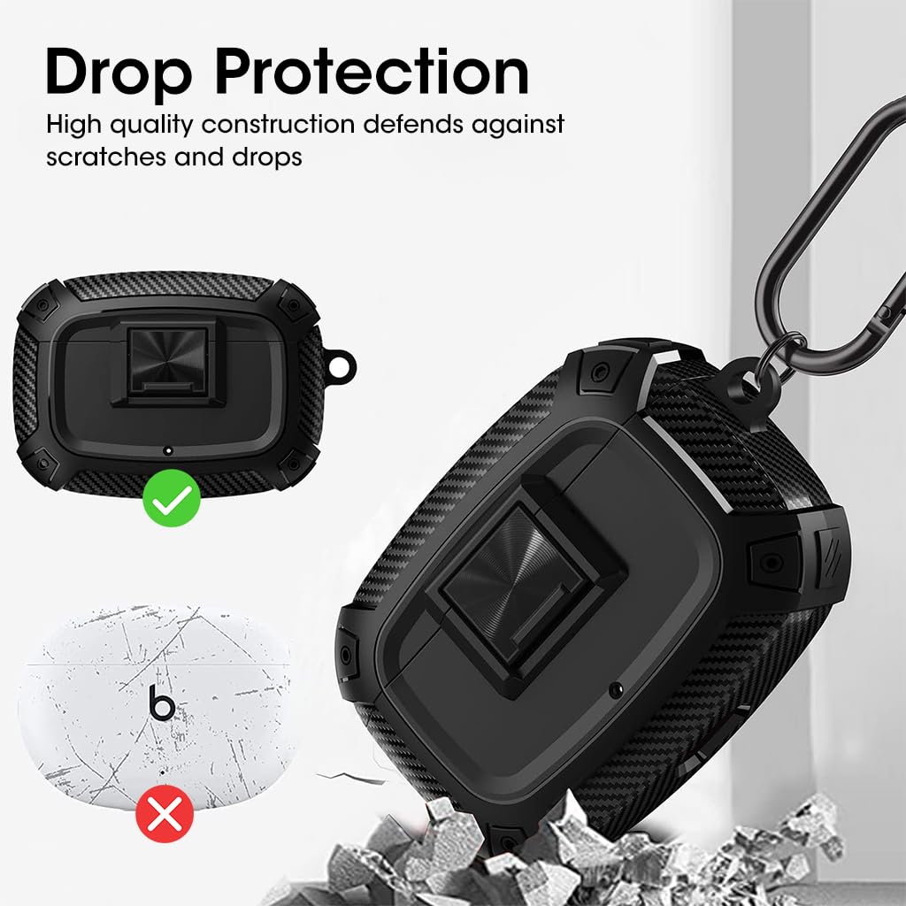 ZORBES Case for Beats Studio Buds, Protective Case Cover Beats Studio Buds 2021/2023 TPU Charging Case Cover with Lock Button & Carabiner Shockproof Beats Studio Buds Earbuds Accessories, Black